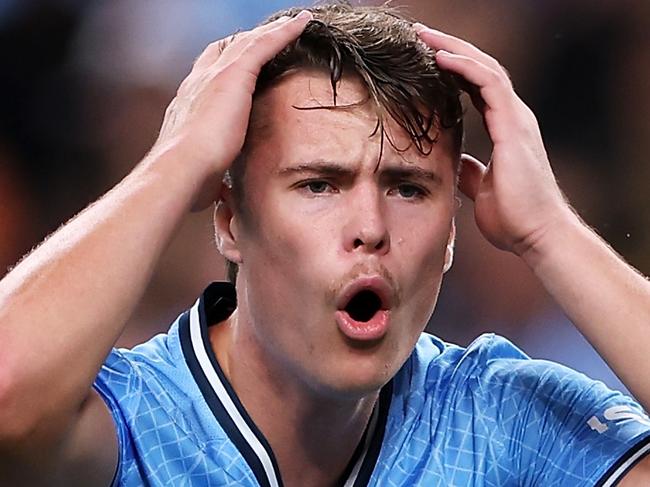 SYDNEY, AUSTRALIA - MARCH 30: Jake Girdwood-Reich of Sydney FC looks dejected after a missed chance during the A-League Men round 22 match between Sydney FC and Central Coast Mariners at Allianz Stadium, on March 30, 2024, in Sydney, Australia. (Photo by Mark Kolbe/Getty Images)