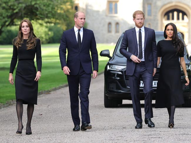 Catherine, Princess of Wales, Prince William, Prince of Wales, Prince Harry, Duke of Sussex, and Meghan, Duchess of Sussex on the long Walk at Windsor Castle. Picture: Getty