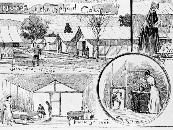 A drawing depicting a camp at the Alfred Hospital to treat sufferers of typhoid in the late 1800s. Picture: State Library of Victoria