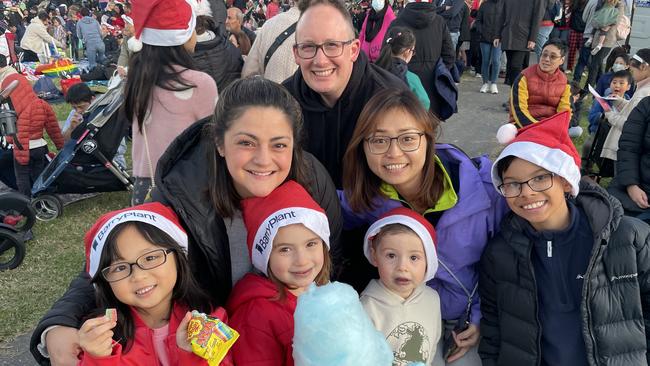 Doncaster East friends Georgie Thobis, Adam Thobis and Eunice Chiu (back) with Karina, Penny, Freddie and Zach at Manningham's Carols.