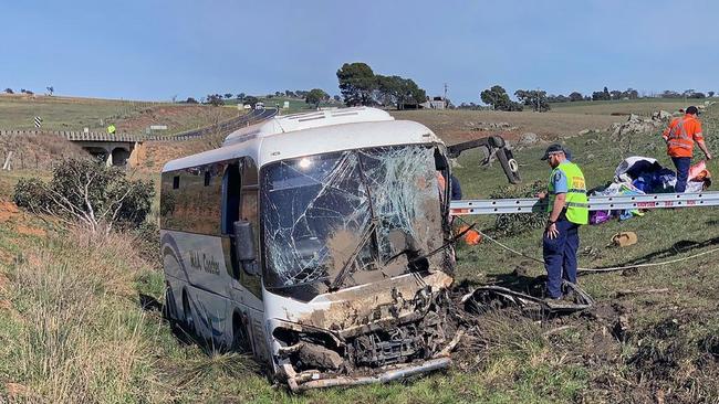 The bus that crashed on Burley Griffin Way north of Wagga was carrying 28 people, including children. Picture: NSW Ambulance