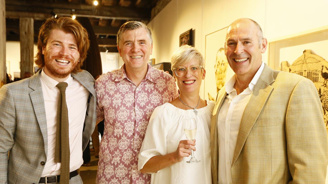 John 'Polly' Farmer launches his book at Despard Gallery, Salamanca.  His book is titled, 'A minute of your time: 30 years of cartoons by John 'Polly" Farmer'.  Pictured at the event is (L-R) Jake, John and Tracy Farmer, Andrew Colrain.