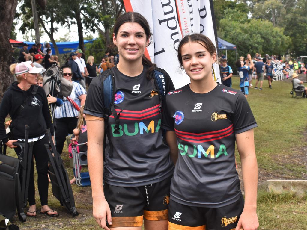 CQ Bushrangers players Willow and Miller Childs from Emerald at the Queensland Country Rugby Championships in Rockhampton on June 29, 2024.