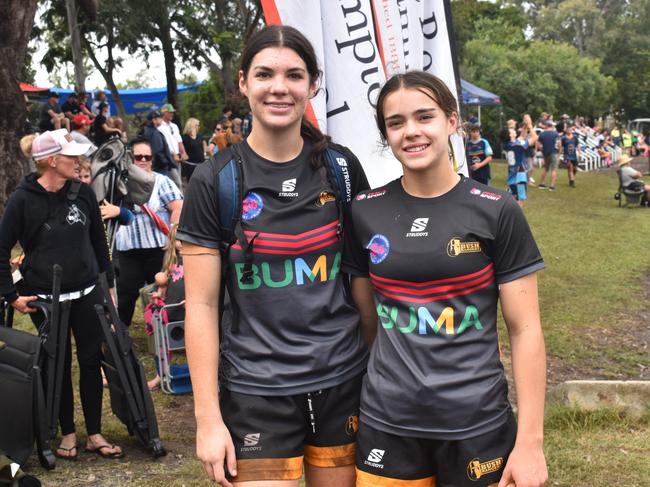 CQ Bushrangers players Willow and Miller Childs from Emerald at the Queensland Country Rugby Championships in Rockhampton on June 29, 2024.
