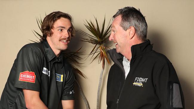 HOLD FOR THE HERALD SUN PIC DESK-----MND fighter Neale Daniher and young Essendon star Joe Daniher at home. Picture: Alex Coppel.