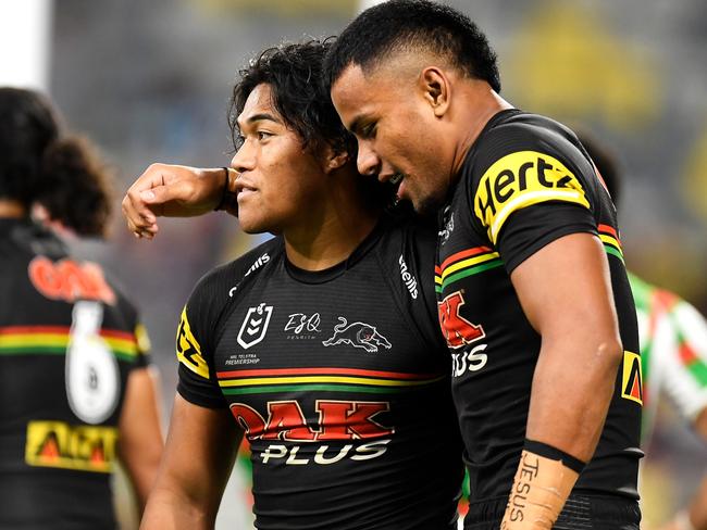 TOWNSVILLE, AUSTRALIA - SEPTEMBER 11:  Brian To'o and Stephen Crichton of the Panthers celebrate Stephen Crichton scoring a try during the NRL Qualifying Final match between Penrith Panthers and South Sydney Rabbitohs at QCB Stadium, on September 11, 2021, in Townsville, Australia. (Photo by Ian Hitchcock/Getty Images)