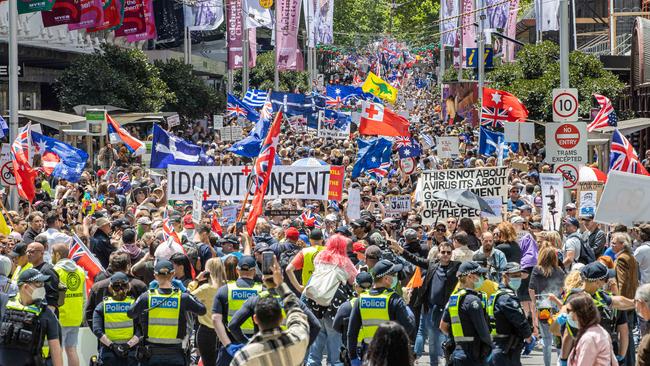 Protesters gather for the ‘Freedom Rally’ in Melbourne’s CBD. Picture: Jason Edwards