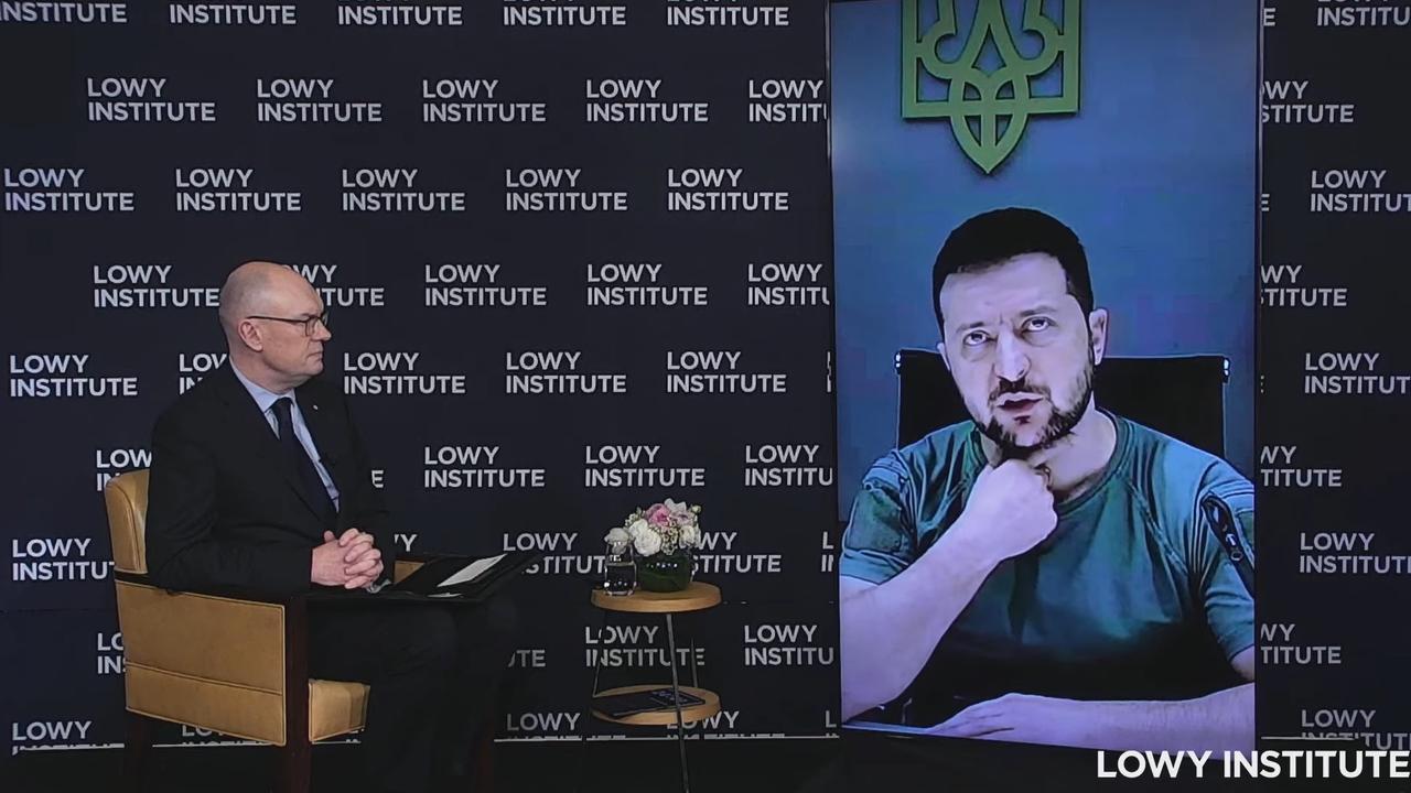 Volodymyr Zelensky speaking to the Lowy Institute. Source: YouTube