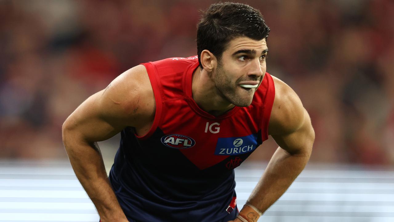 MELBOURNE, AUSTRALIA - APRIL 11: Christian Petracca of the Demons looks on during the round five AFL match between Melbourne Demons and Brisbane Lions at Melbourne Cricket Ground, on April 11, 2024, in Melbourne, Australia. (Photo by Robert Cianflone/Getty Images)