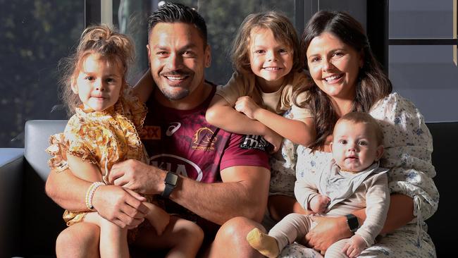 Retiring Broncos captain Alex Glenn with his beautiful family. Picture: Liam Kidston