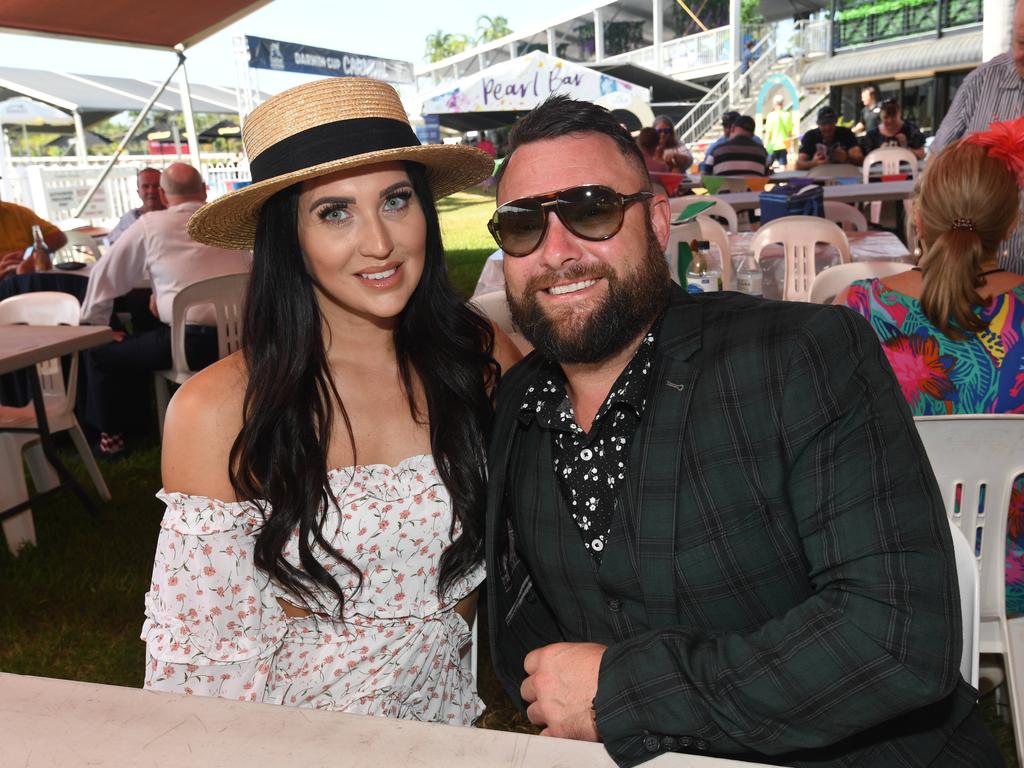 Kayleigh Spiver and Adam Trunks enjoy the 2019 Darwin Cup. Picture: KATRINA BRIDGEFORD