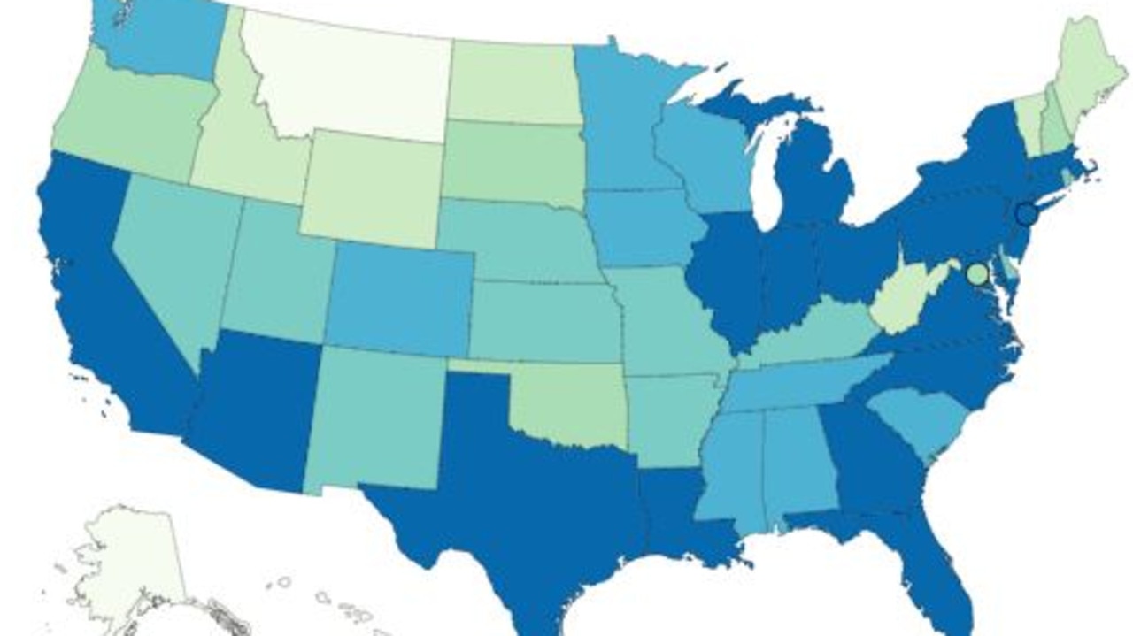 A CDC map showing the worst states affected by coronavirus in the United States. Picture: Supplied