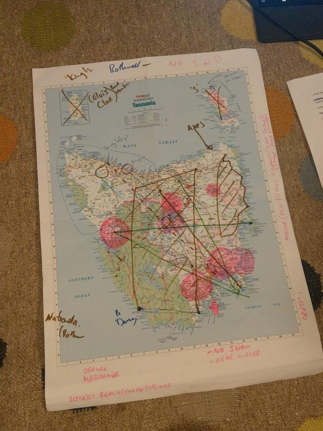 The map used by Tim Strange, from Woonona, NSW, to mark up the answers to clues in Mona Foma’s competition for punters to find the Air Mofo plane on a digital map online and win its private use to come to Tasmania for the festival. Picture: SUPPLIED