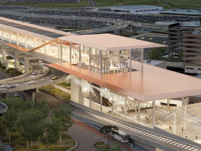 A render of the Melbourne airport station as part of the Melbourne airport rail link.