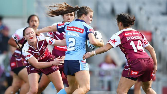 The North Sydney Bears aim to grow future stars of the women’s game. Pictured, the women players of today, Jessica Sergis of NSW runs the ball during the Women's Interstate Challenge match between New South Wales and Queensland at WIN Stadium on July 23 last year. Picture: Mark Nolan/Getty