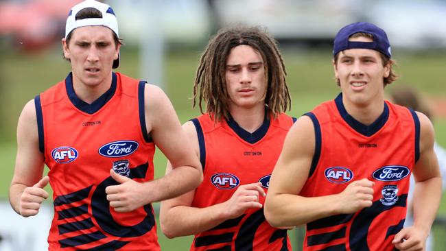 Charlie Constable, Gryan Miers, Lachie Fogarty at Geelong training. Picture: Peter Ristevski