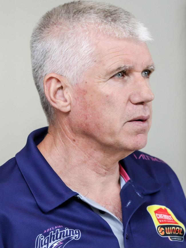 Adelaide Lightning coach Chris Lucas arrives back in Adelaide on Sunday after the loss in game three of the WNBL grand final series. Picture: AAP Image/Russell Millard