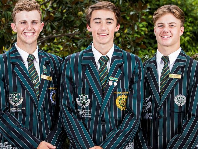 Brisbane Boys' College Vice-Captain Benjamin Ward, Captain Alister Gomersall and Vice-Captain Archie Bromell.