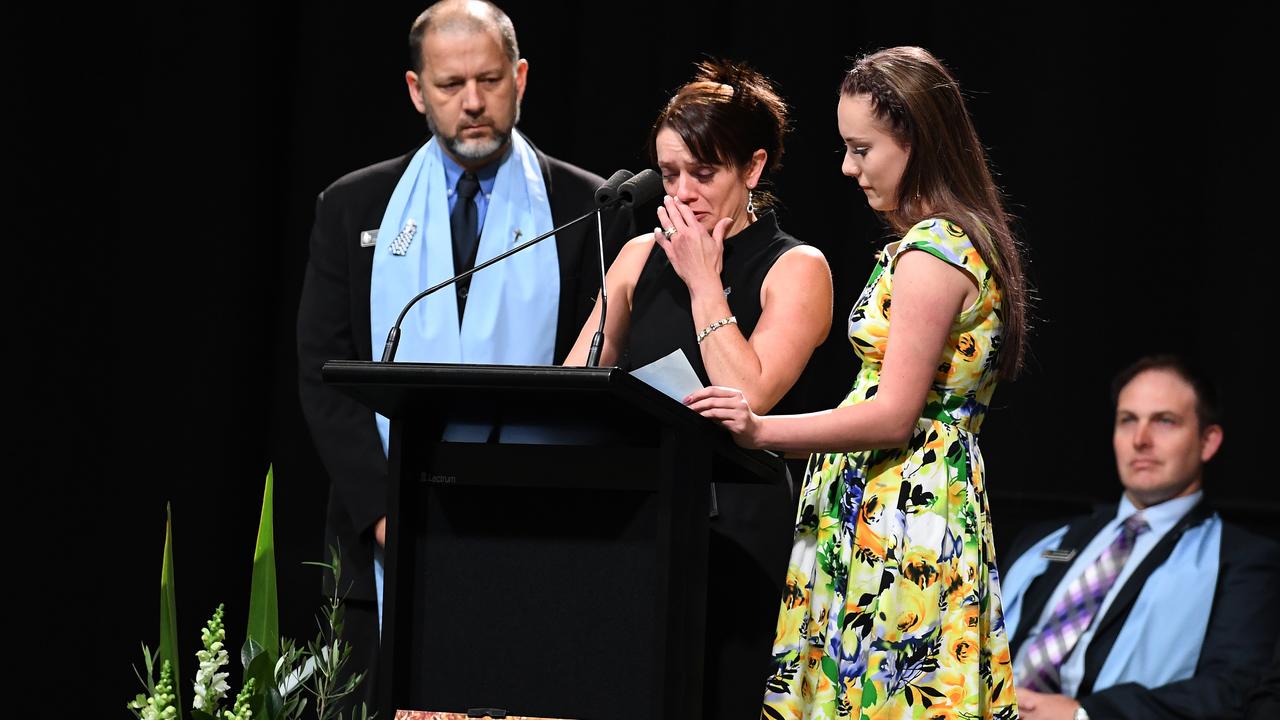 Senior Constable Brett Forte's wife Susan becomes emotional while reading her eulogy during his funeral in Toowoomba in 2017. Picture: AAP Image/Dan Peled