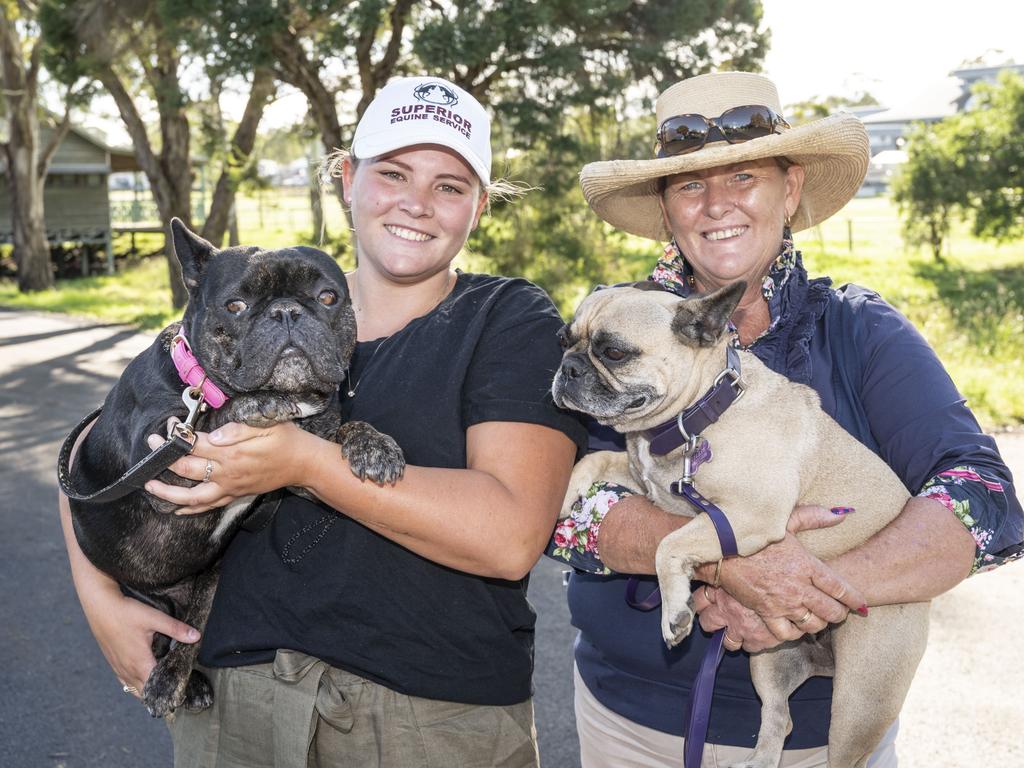 Maddy Sears and Leigh Sears with Sally and Tilly the French bulldogs at the 2022 Toowoomba Royal Show. Friday, March 25, 2022. Picture: Nev Madsen.