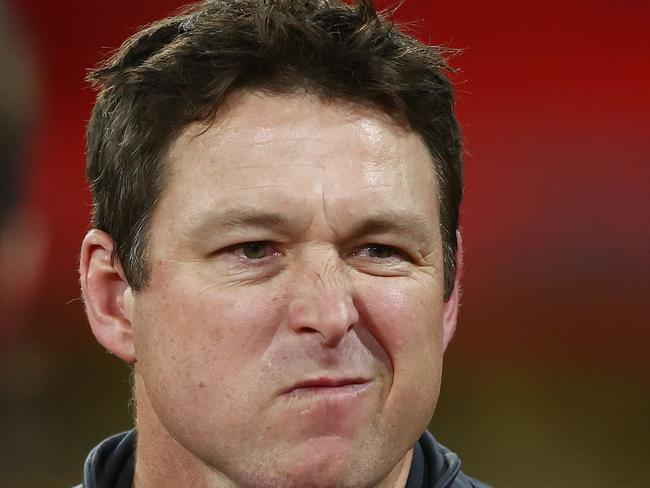 GOLD COAST, AUSTRALIA - JULY 01: Suns head coach Stuart Dew during the round 16 AFL match between Gold Coast Suns and Collingwood Magpies at Heritage Bank Stadium, on July 01, 2023, in Gold Coast, Australia. (Photo by Chris Hyde/AFL Photos/via Getty Images)