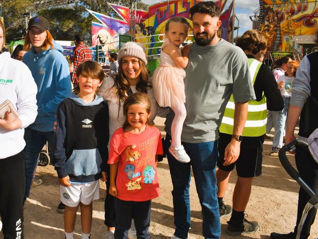 Attendees enjoying the 159th Sale Agricultural Show at the Sale Showgrounds on Friday, November 01, 2024: Harry, Judah, Allanah Hayman, Eden and Brad Hayman. Picture: Jack Colantuono