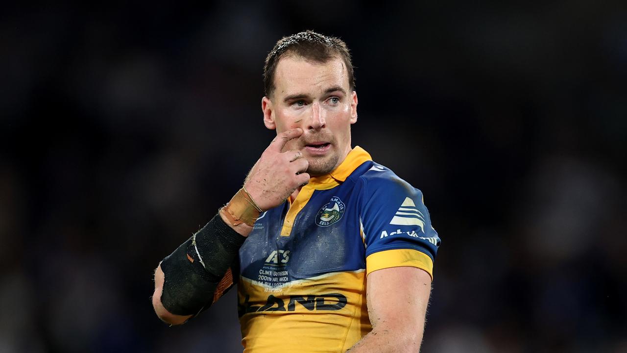 SYDNEY, AUSTRALIA - JUNE 10: Clint Gutherson of the Eels reacts at full-time during the round 14 NRL match between Canterbury Bulldogs and Parramatta Eels at Accor Stadium, on June 10, 2024, in Sydney, Australia. (Photo by Brendon Thorne/Getty Images)