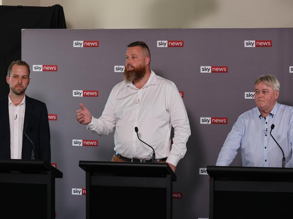 The Nationals’ James Thomson, Labor's Dan Repacholi and One Nation's Dale McNamara faced off at the Sky News People's Forum debate on Wednesday. Picture: David Swift