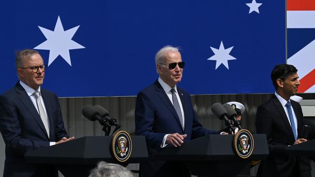 The three leaders announced the AUKUS ‘optimal pathway’ in San Diego this week. Picture: Tayfun Coskun/Anadolu Agency via Getty Images