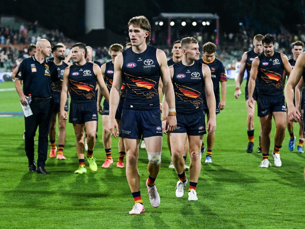 ADELAIDE, AUSTRALIA - APRIL 10:Crows leave the ground after losing after losing the round five AFL match between Adelaide Crows and Geelong Cats at Adelaide Oval, on April 10, 2025, in Adelaide, Australia. (Photo by Mark Brake/Getty Images)