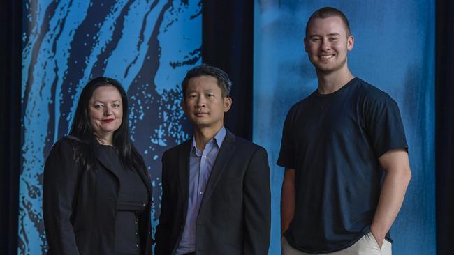 Dr Yee Wei Law (centre) from satellite networking company Mesh in Space, with Kelly Yeoh from Blue Dwarf and Austin Lovell from Up&Up. Picture: Roy VanDerVegt