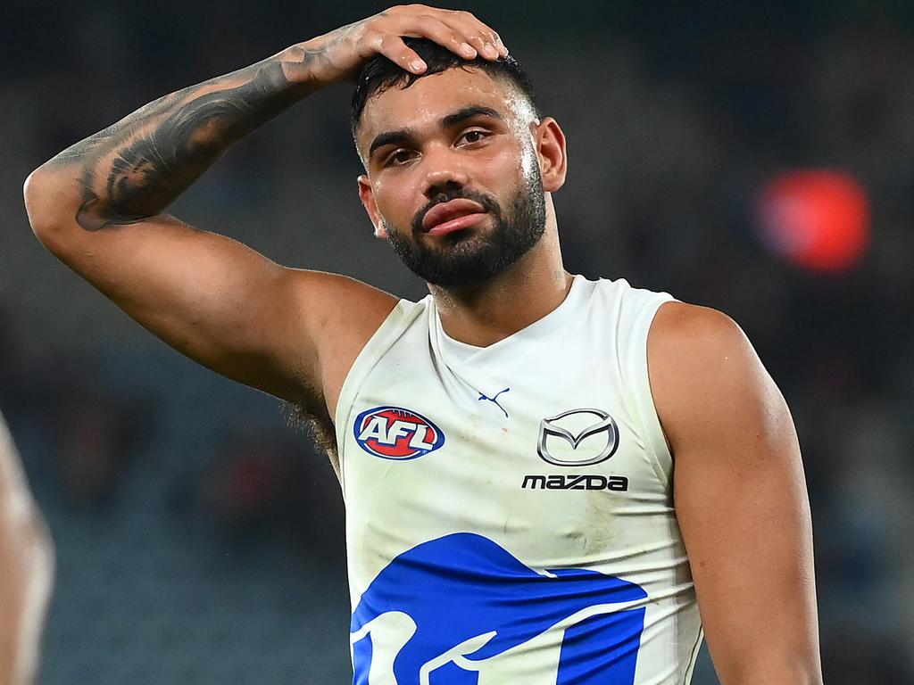 MELBOURNE, AUSTRALIA - JUNE 04: Tarryn Thomas of the Kangaroos looks dejected after losing the round 12 AFL match between Essendon Bombers and North Melbourne Kangaroos at Marvel Stadium, on June 04, 2023, in Melbourne, Australia. (Photo by Quinn Rooney/Getty Images)