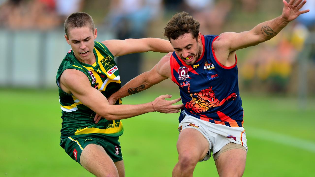 Maroochydore’s Jackson Bury battles against Noosa’s Tyler Stack.