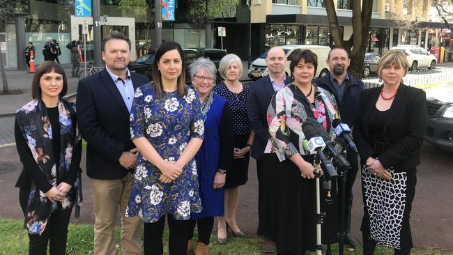 Chief Nurse and Midwifery Officer Jennifer Hurley, far right, with executive directors of nursing from metropolitan and rural local health networks, outside SA Health HQ at Hindmarsh Square. Picture: Brad Crouch