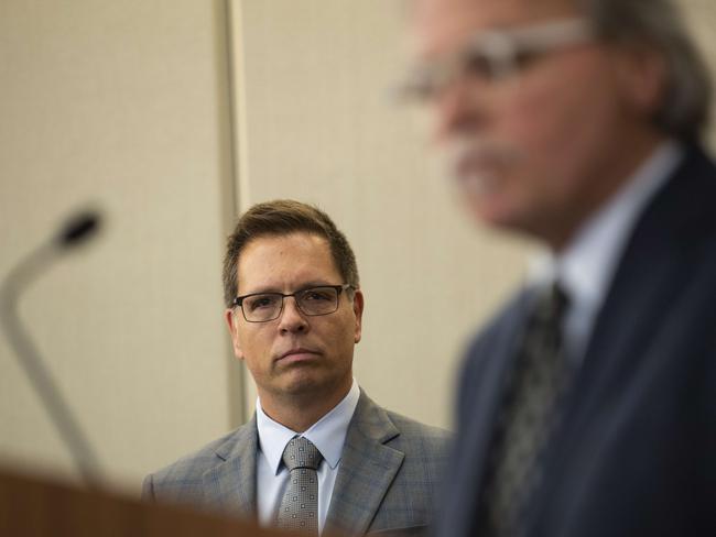 Don Damond, the fiancé of Justine Ruszczyk Damond, looks on as her father, John Ruszczyk, speaks during a press conference after the verdict. Picture: AFP 