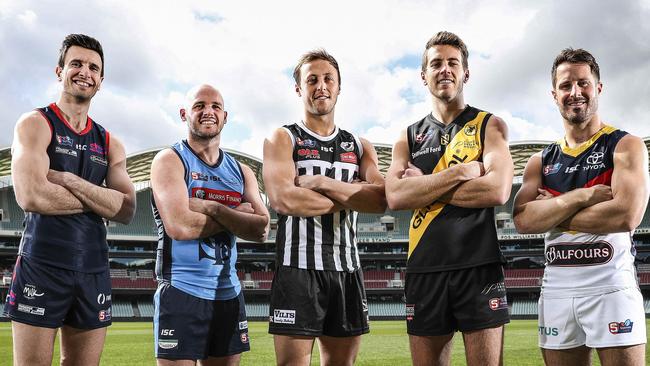 SANFL FINALS launch at The Adelaide Oval. Norwood's Matthew Panos, Sturt's Zane Kirkwood, Port Adelaide Cameron Sutcliffe, Glenelg Chris Curran and Adelaide's Matthew Wright Picture SARAH REED