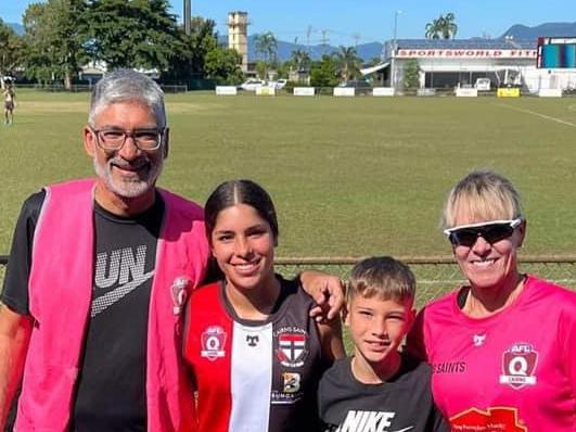 Sumant 'Sumo' Narula, a beloved water runner at Cairns Saints Football Club, tragically lost his battle with cancer on Monday. Here he is pictured with his wife Anita Narula and children, Reshan and Sanjay. Picture: Supplied