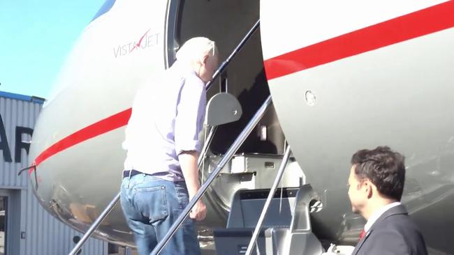 Julian Assange boards a flight at London Stansted Airport to the US territory of Saipan. Picture: X / WikiLeaks