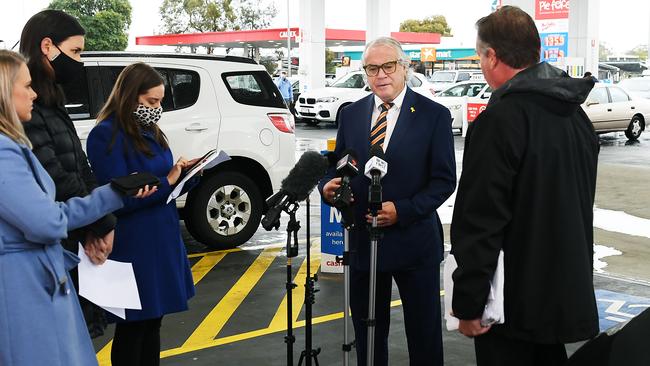 RAA fuel expert Mark Borlace speaks media about using Fuel Apps to find the lowest price fuel. Picture: Mark Brake