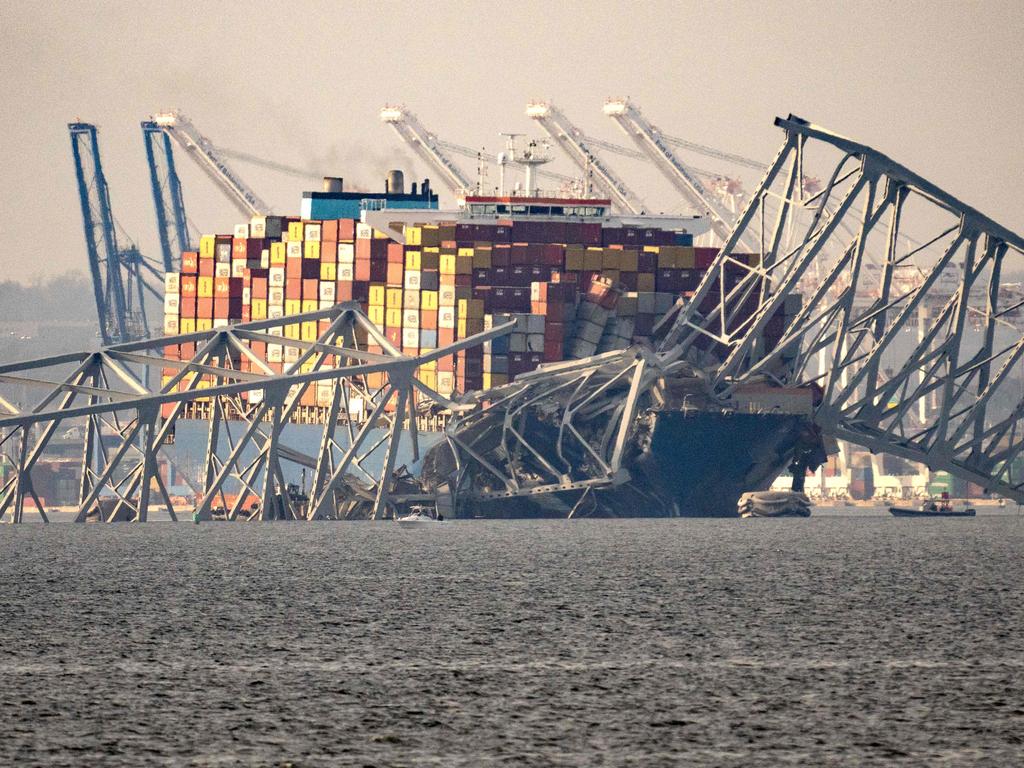 Part of the steel frame of the Francis Scott Key Bridge sits on top of the container ship Dali after the bridge collapsed in Baltimore, Maryland, on March 26, 2024. . Picture: Kent Nishimura / AFP