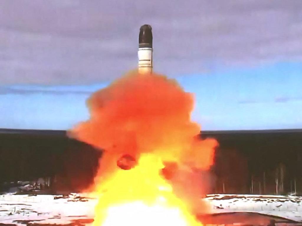 Handout video footage released by the Russian Defence Ministry on April 20, 2022 shows the launching of the Sarmat intercontinental ballistic missile at Plesetsk testing field, Russia.