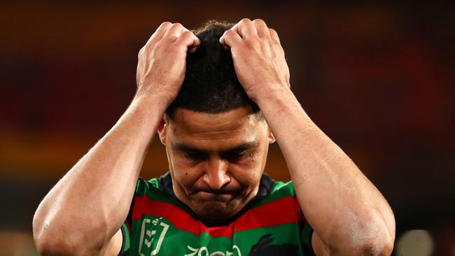 BRISBANE, AUSTRALIA - OCTOBER 03: Cody Walker of the Rabbitohs looks dejected after defeat during the 2021 NRL Grand Final match between the Penrith Panthers and the South Sydney Rabbitohs at Suncorp Stadium on October 03, 2021, in Brisbane, Australia. (Photo by Chris Hyde/Getty Images)