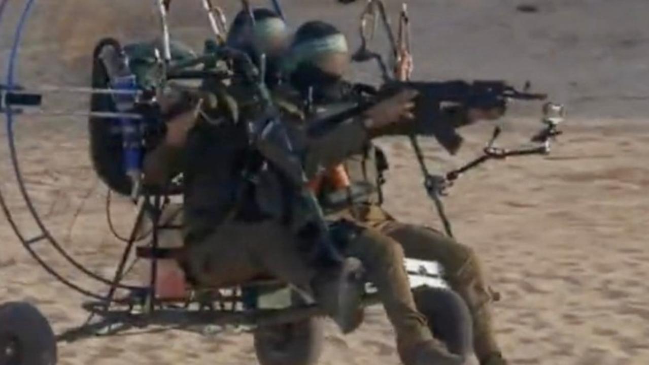 Paragliding militants were captured storming into Israel. Picture: AL QASSAM BRIGADES / Twitter