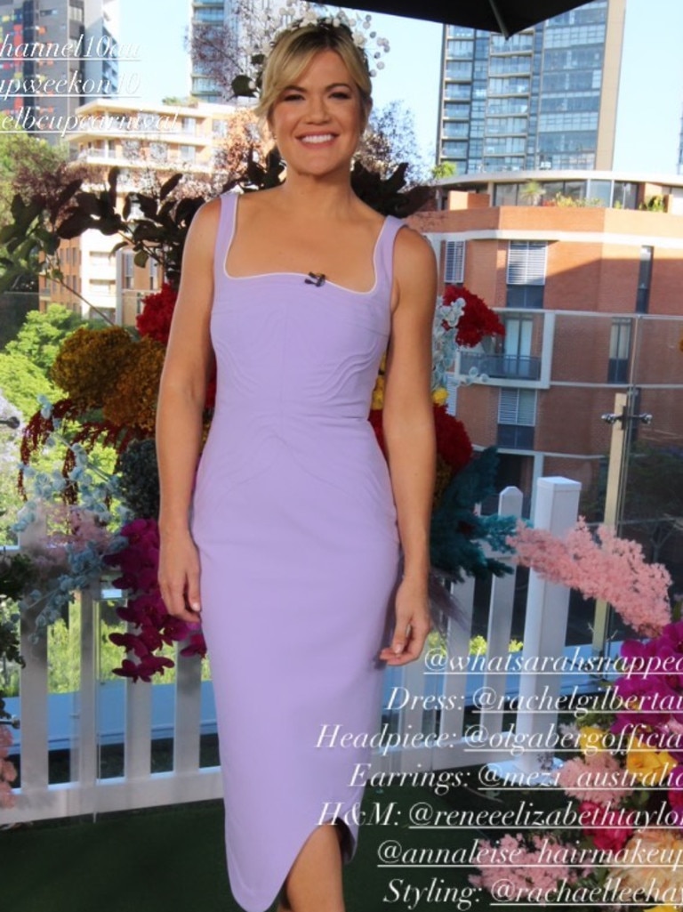 Sarah Harris chose a slinky lilac number for her hosting duties. Picture: Instagram/Channel10