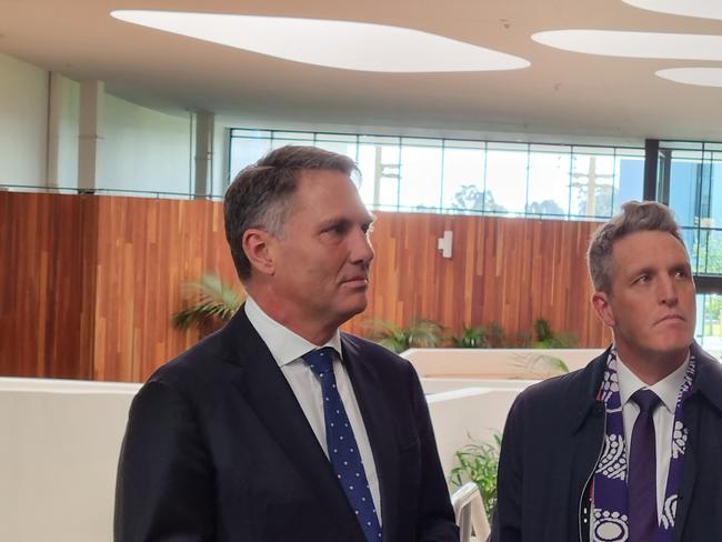 Mr Marles (left) was visiting with Fremantle MP Josh Wilson (centre) to discuss the AFL club's commitment to yes vote in the Voice to Parliament referendum, joined by Docker's captain Alex Pearce (right). Picture: NCA NewsWire / Anthony Anderson