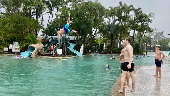 Owen Hodges (the one in the air) holidaying from Rockhampton. Picture: Tanya Snelling