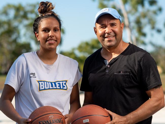 Star Darwin born-and-bred basketball player Ambah Kowcun joined respected youth mentor Timmy Duggan at a Hoops 4 Health clinic in Malak. Picture: CHE CHORLEY