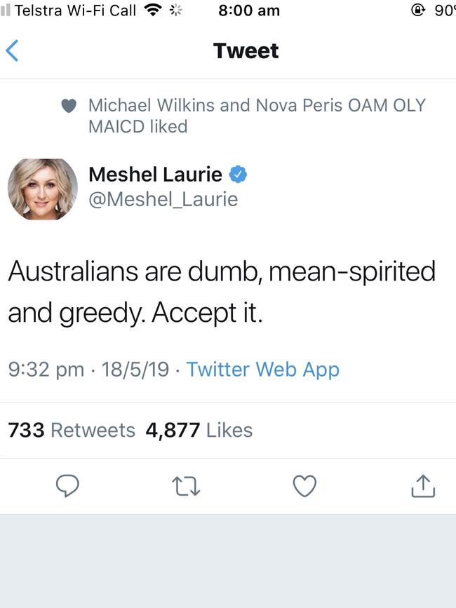 Comedian Meshel Laurie did not hold back. Picture: Twitter