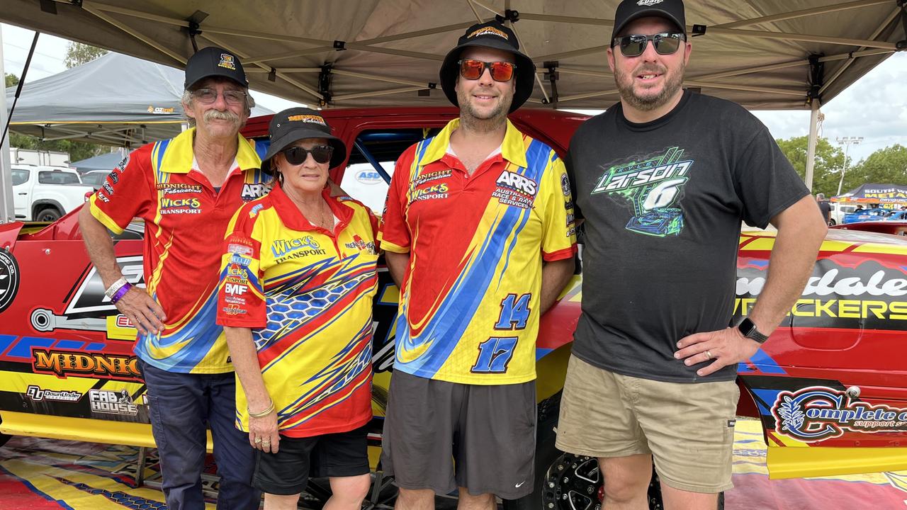 First timer to the Kingaroy Speedway, Brad (far right), with his parents and brother, Ian, Kathy and Michael Wicks, Bendigo VIC.JPG