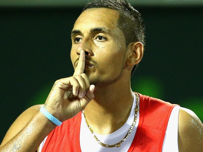 KEY BISCAYNE, FL - MARCH 31: Nick Kyrgios of Australia celebrates match point against Milos Raonic of Canada in their quarter final match during the Miami Open Presented by Itau at Crandon Park Tennis Center on March 31, 2016 in Key Biscayne, Florida. (Photo by Clive Brunskill/Getty Images)